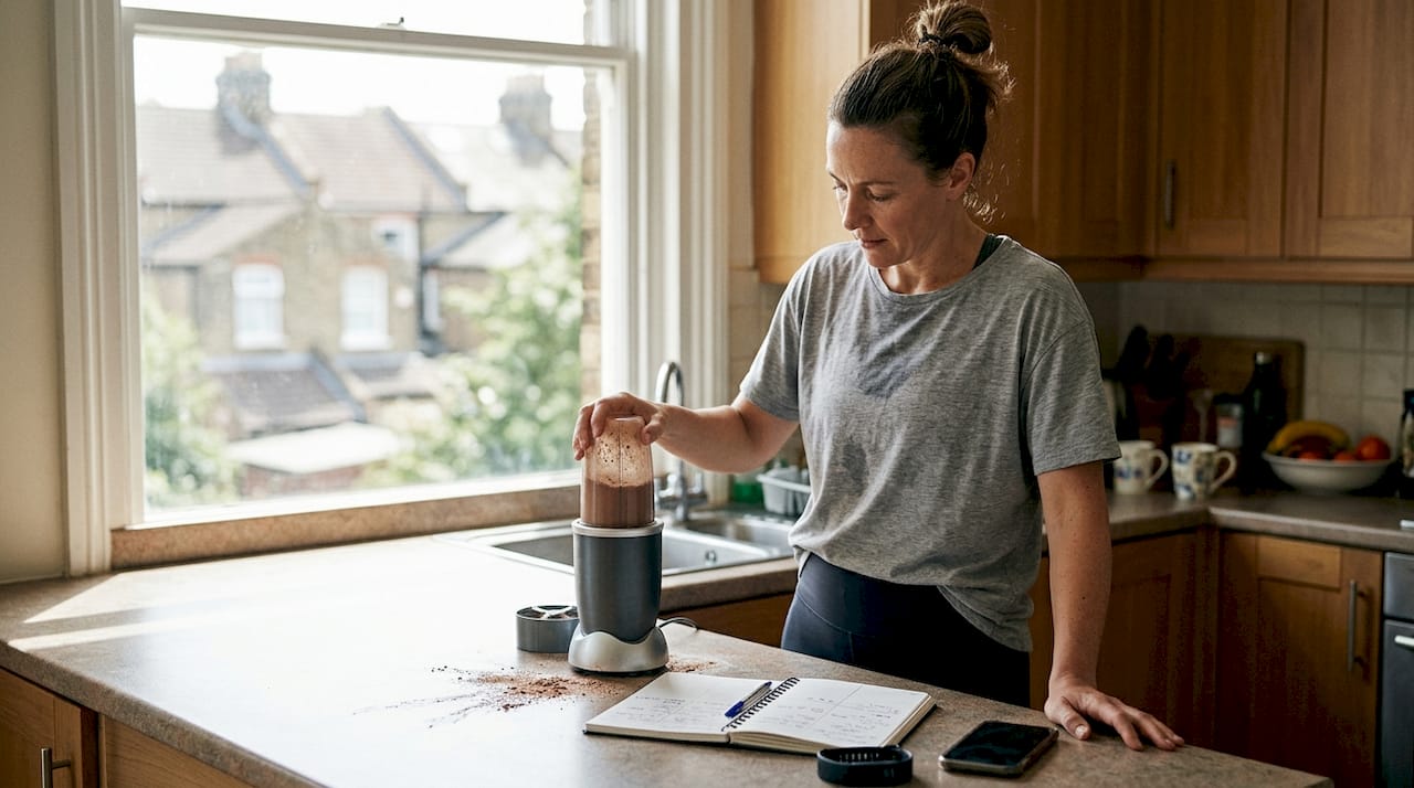 Female athlete mixing recovery shake at home