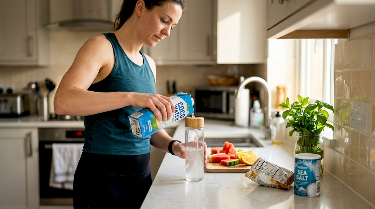 Pouring coconut water and cut fruit on counter