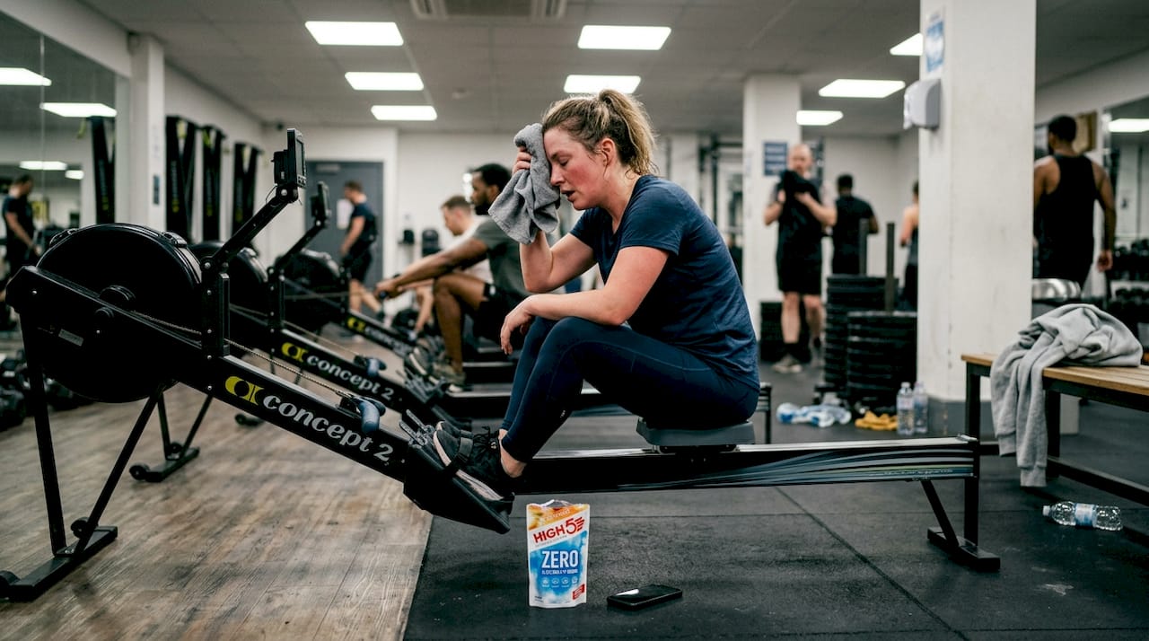 Woman rehydrating after intense gym workout
