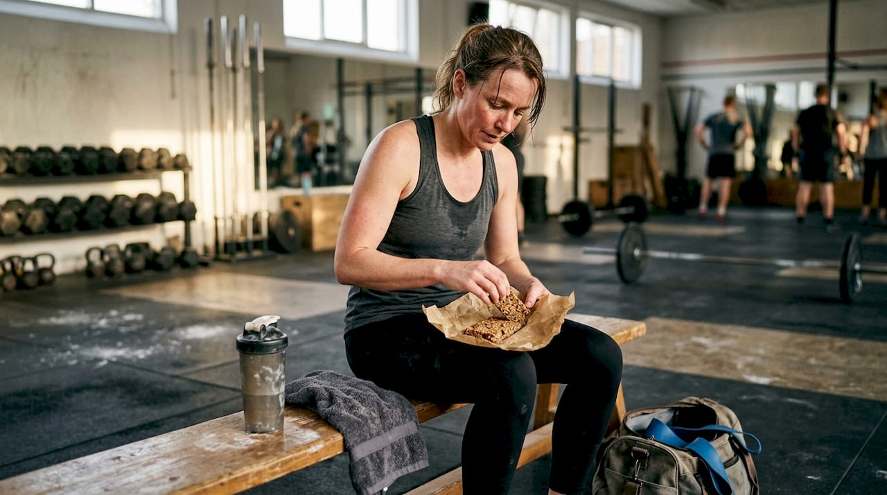 Woman eating snack after high-intensity gym session