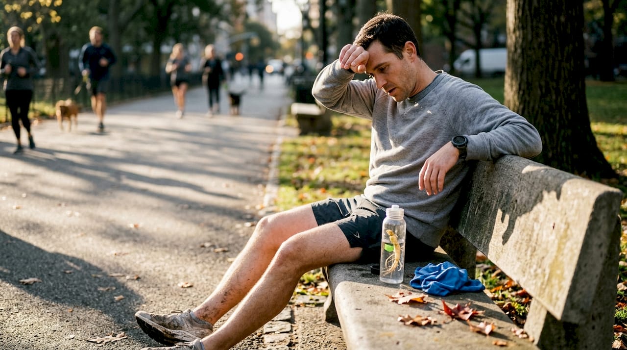 Athlete finishing stretch with herbal water bottle
