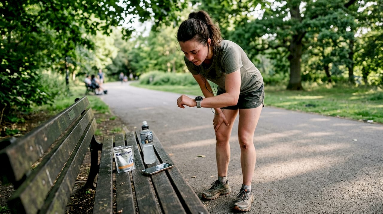 Runner checks watch, magnesium packet on bench