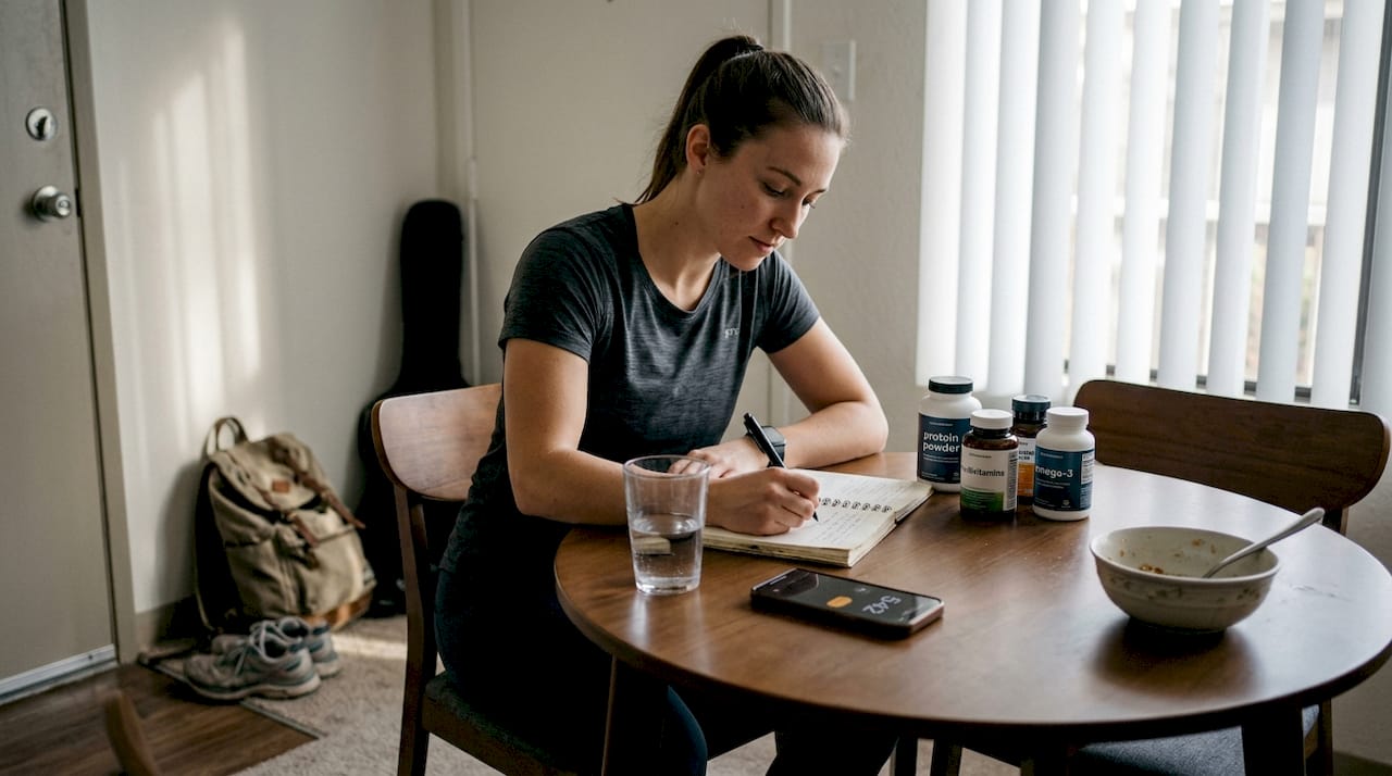Woman logging supplement use in diary