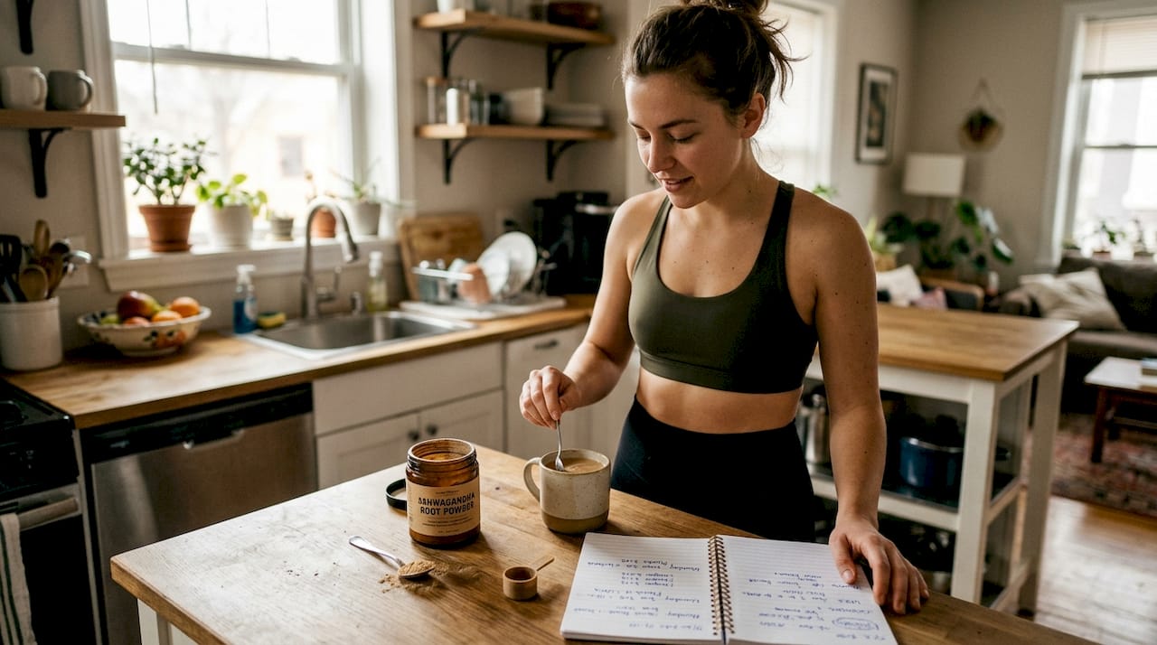 Woman preparing supplements in apartment kitchen