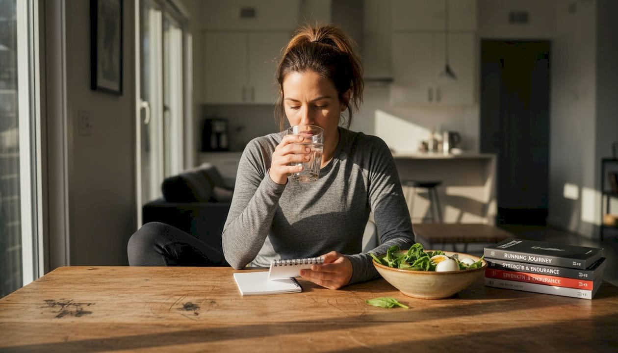 Female athlete with leafy greens and water