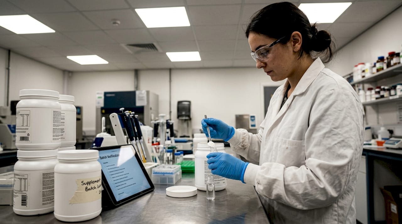 Lab technician handling supplement batch testing