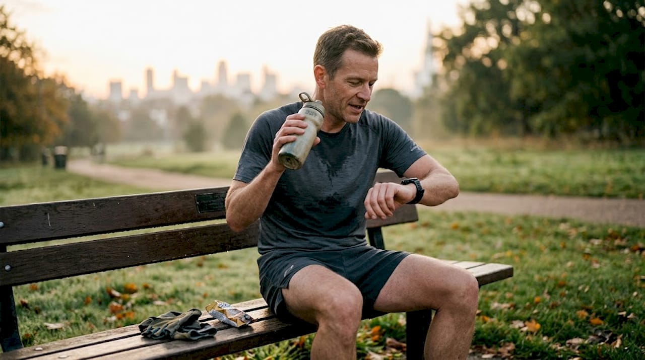 Athlete reviewing energy post-workout outdoors