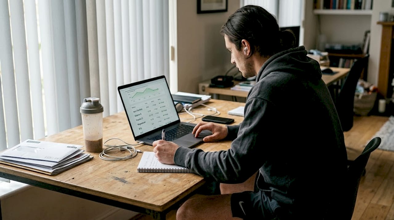 Athlete reviewing supplement test results at desk