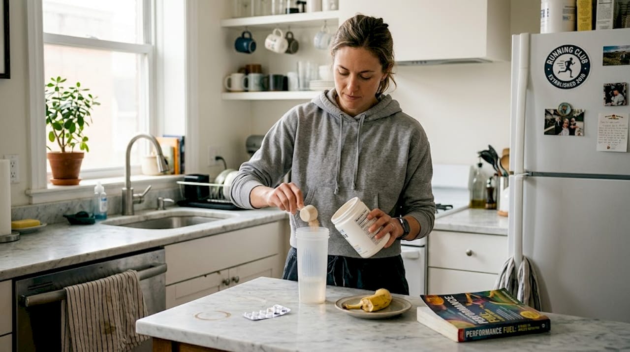 Woman preparing supplement in kitchen