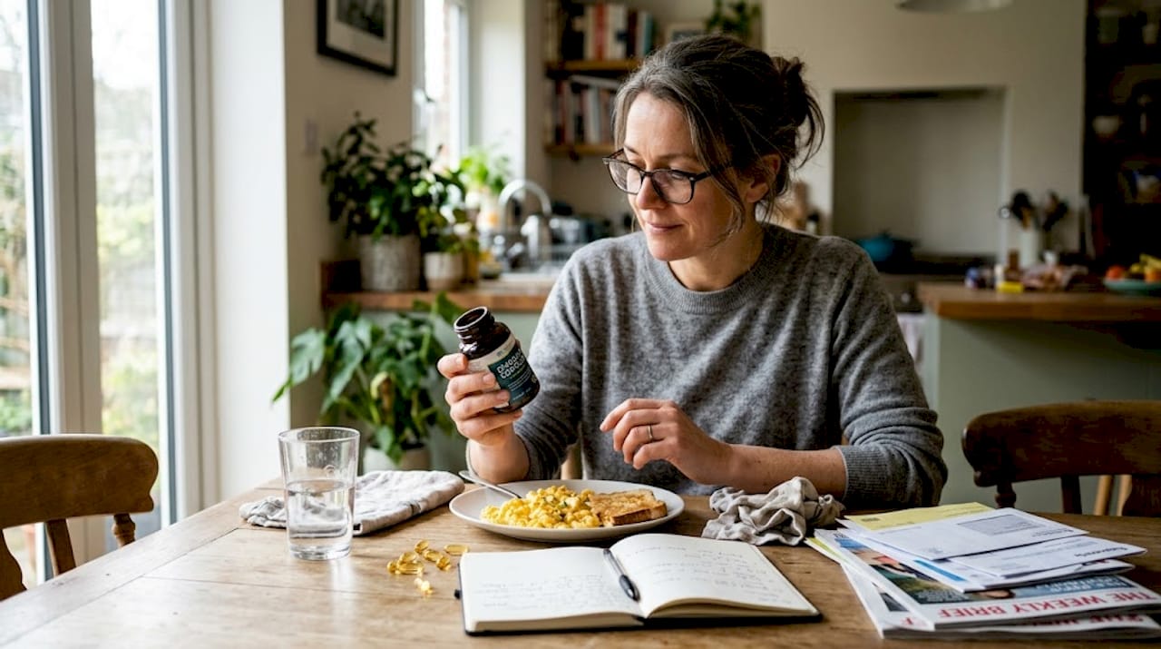 Woman checks supplement bottle at kitchen table