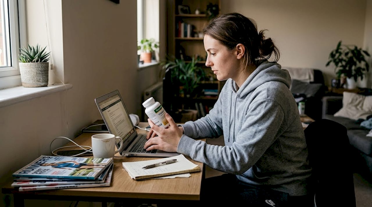 Woman verifying supplement certification at home desk