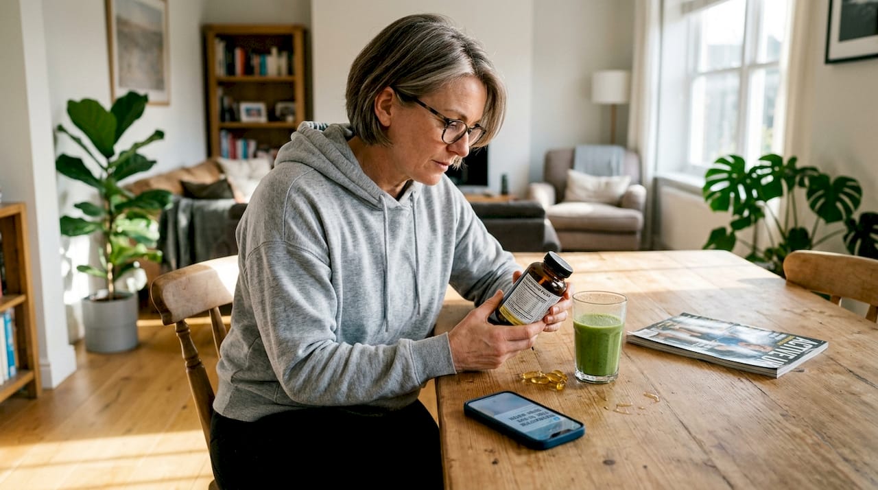 Middle aged woman checks omega-3 supplement label