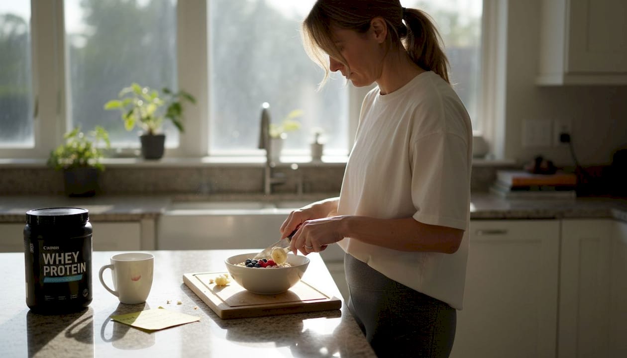 Preparing healthy pre-workout snack in kitchen