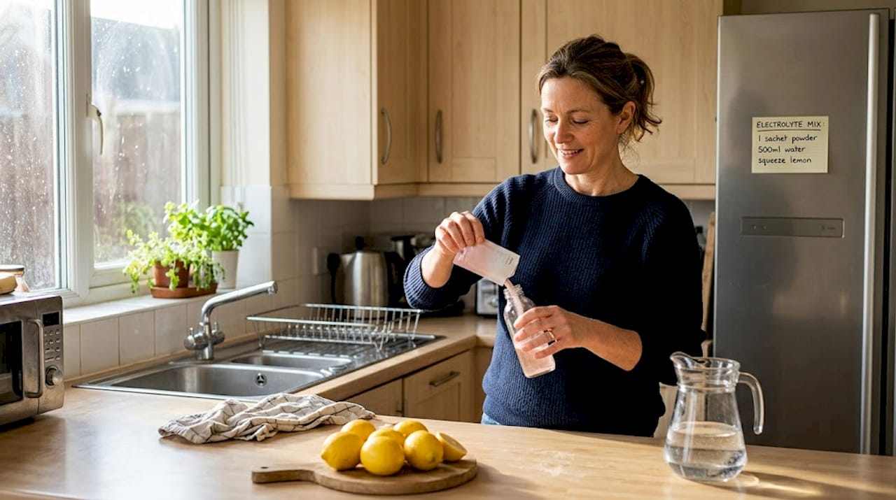 Woman mixing electrolyte drink in kitchen