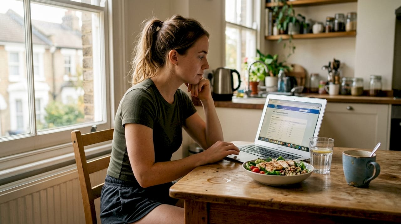 Woman reviews iron results in kitchen