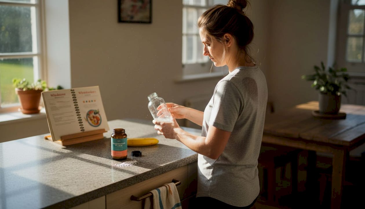 Woman mixing electrolyte drink at home