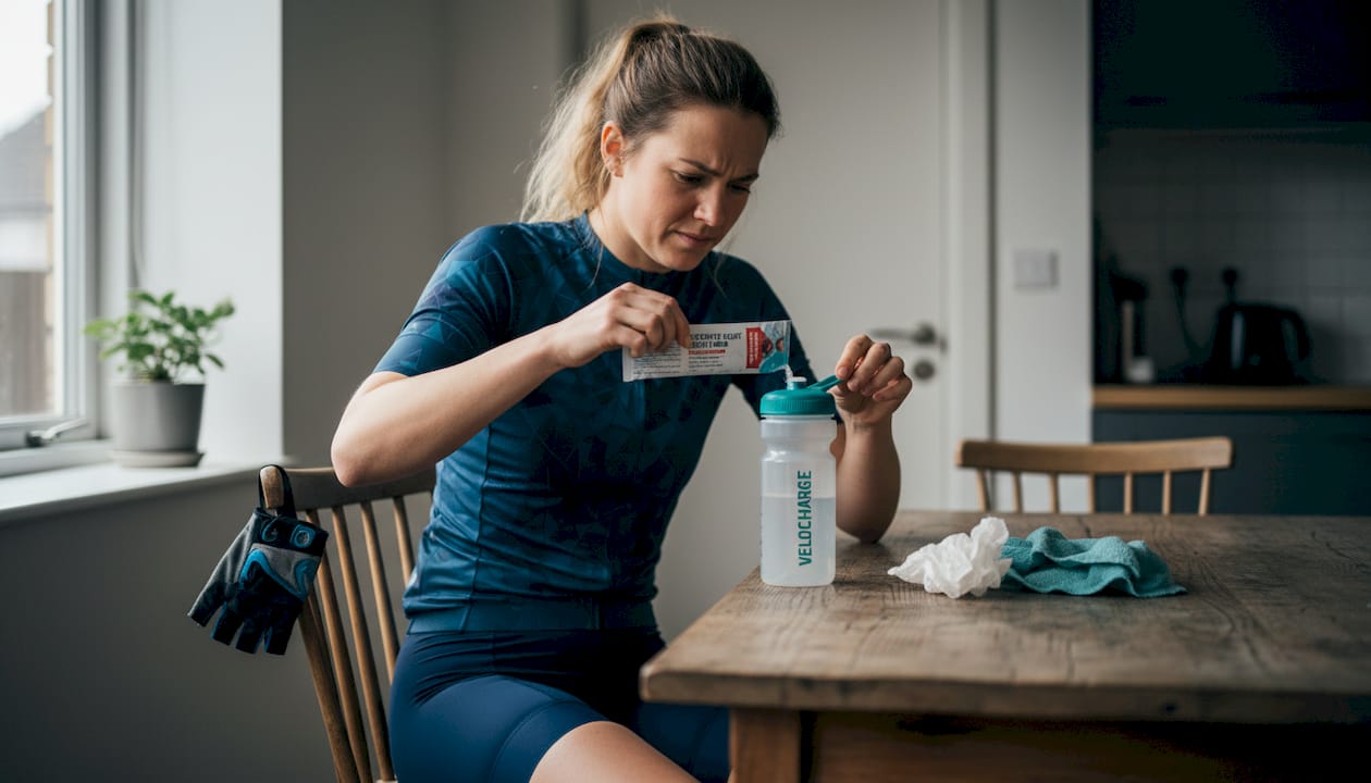 Female cyclist checking dosage on supplement