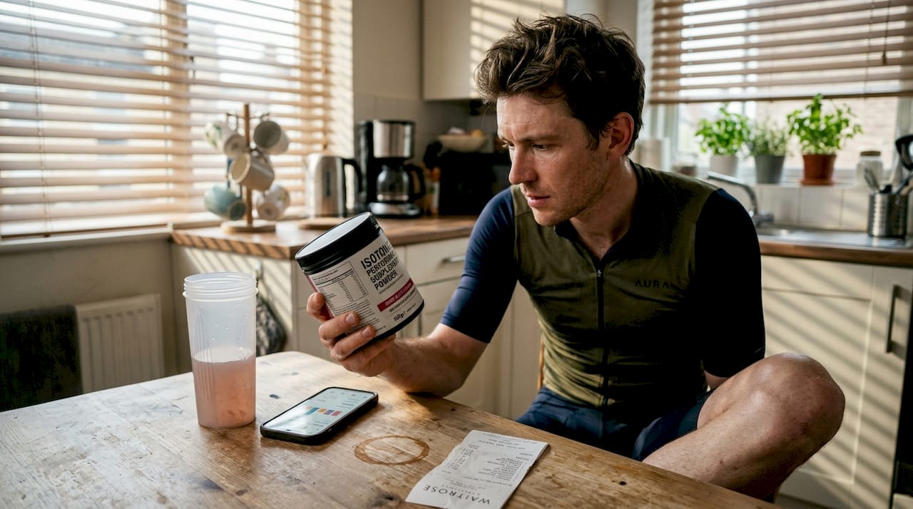 Athlete checking label on supplement powder