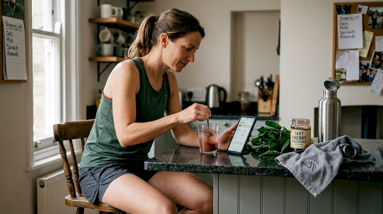 Woman uses botanicals after run at kitchen island