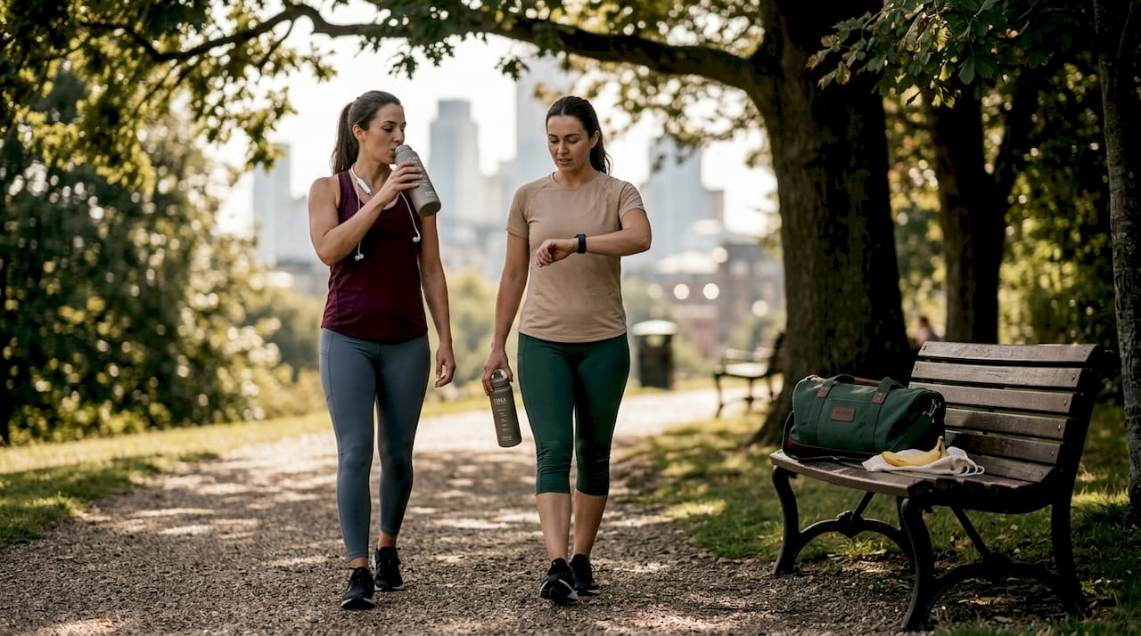 Female runners hydrating and recovering in park