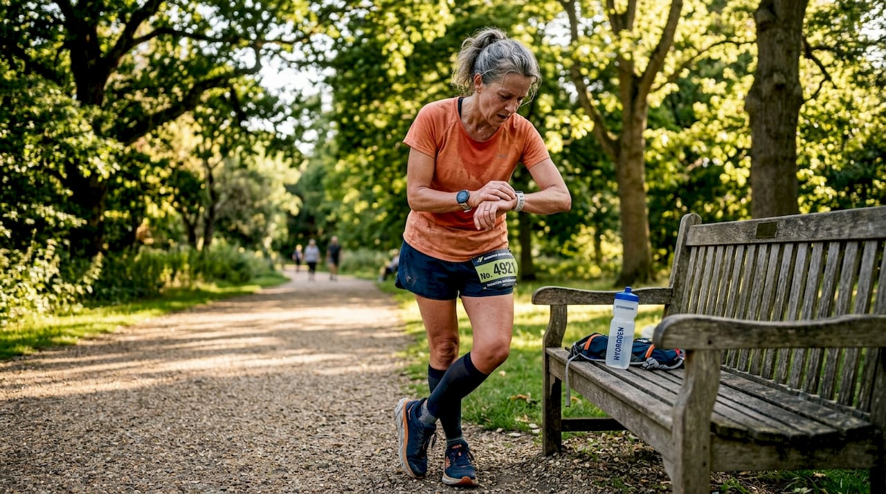 Runner checks watch, post-workout hydration