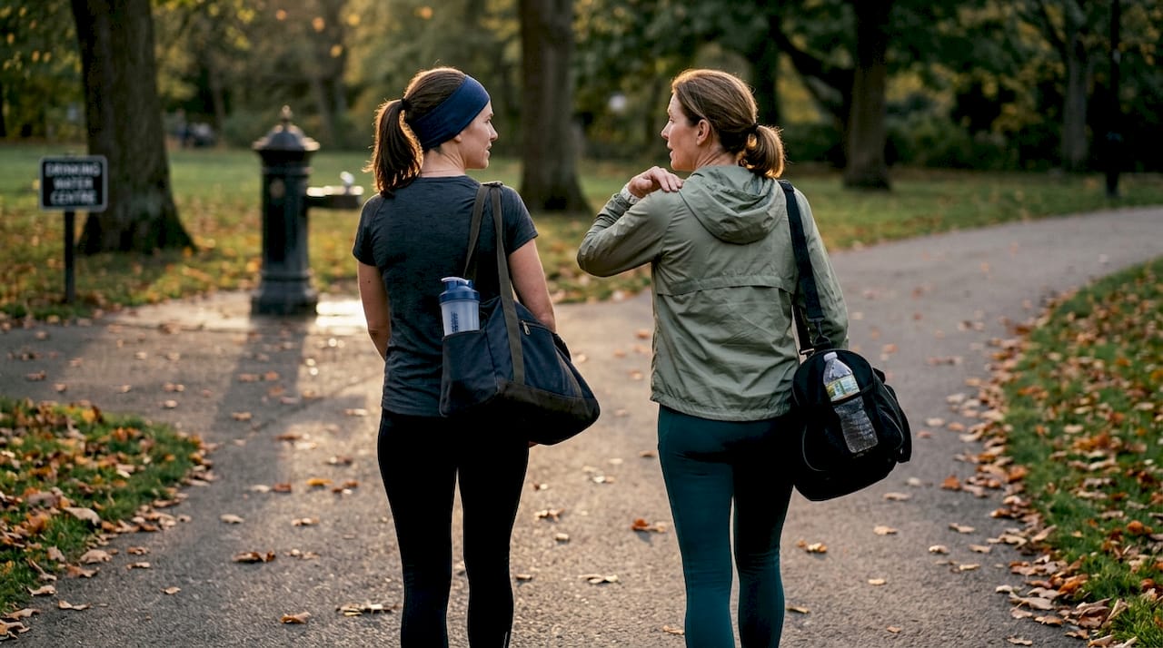 Female athletes walking after training in park