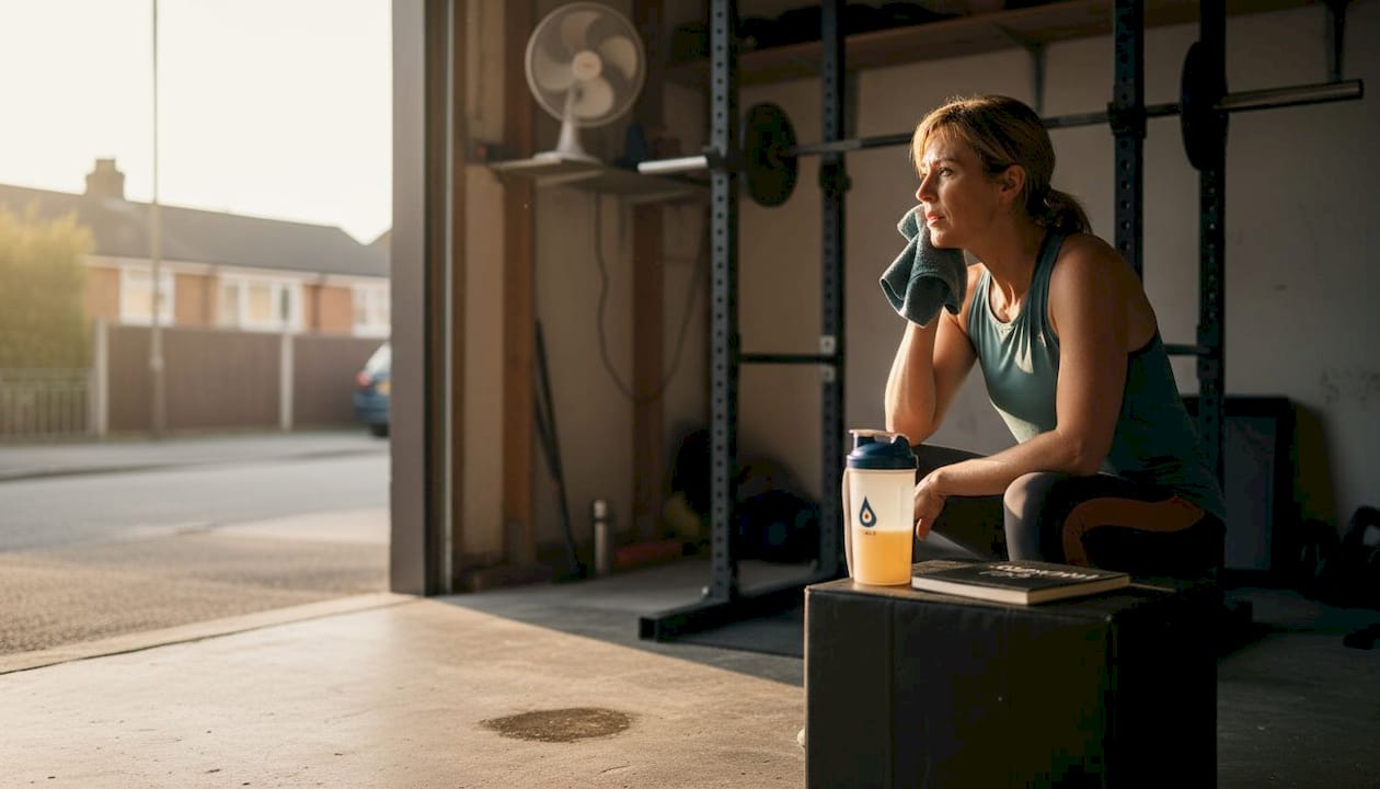 Woman hydrating in home gym after workout