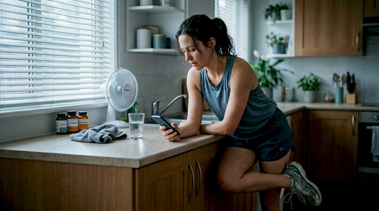 Tired runner checking health metrics at home