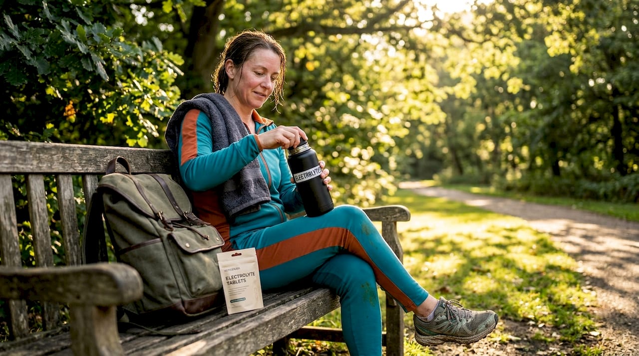 Woman rehydrating after Hyrox training outdoors