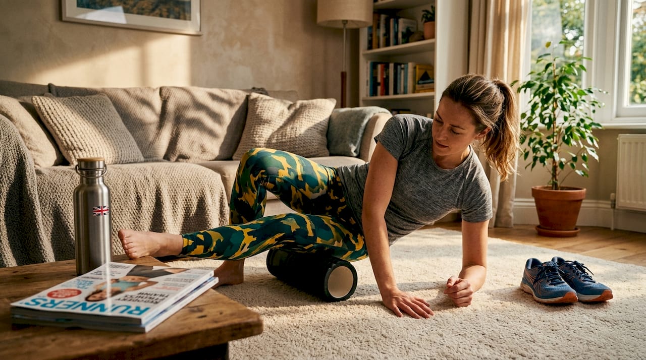 Woman foam rolling in bright bedroom