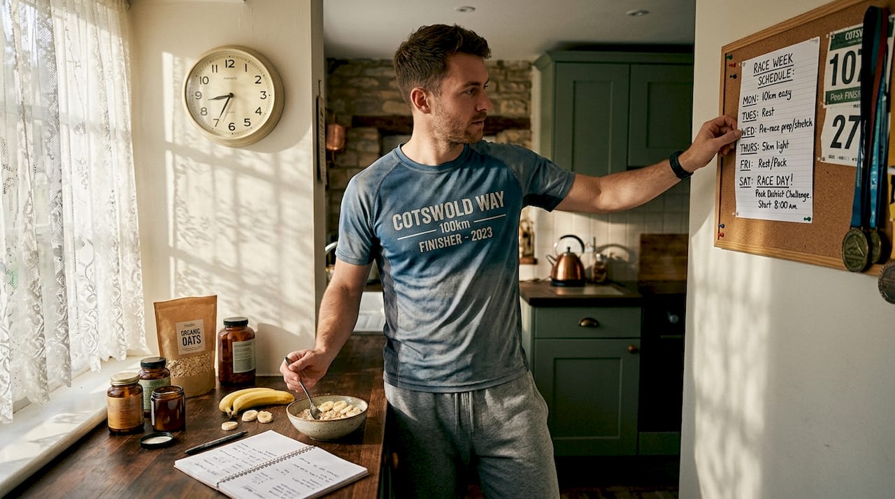 Athlete eating breakfast before race in kitchen