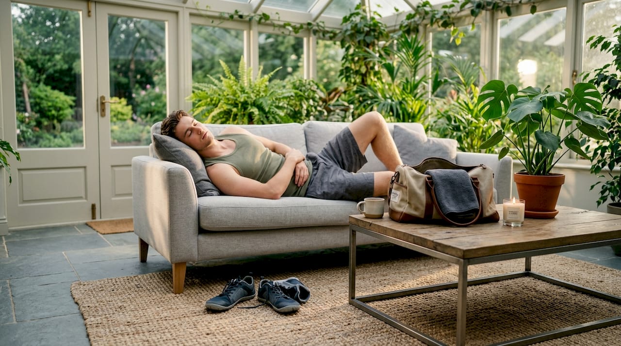 Athlete napping on living room sofa