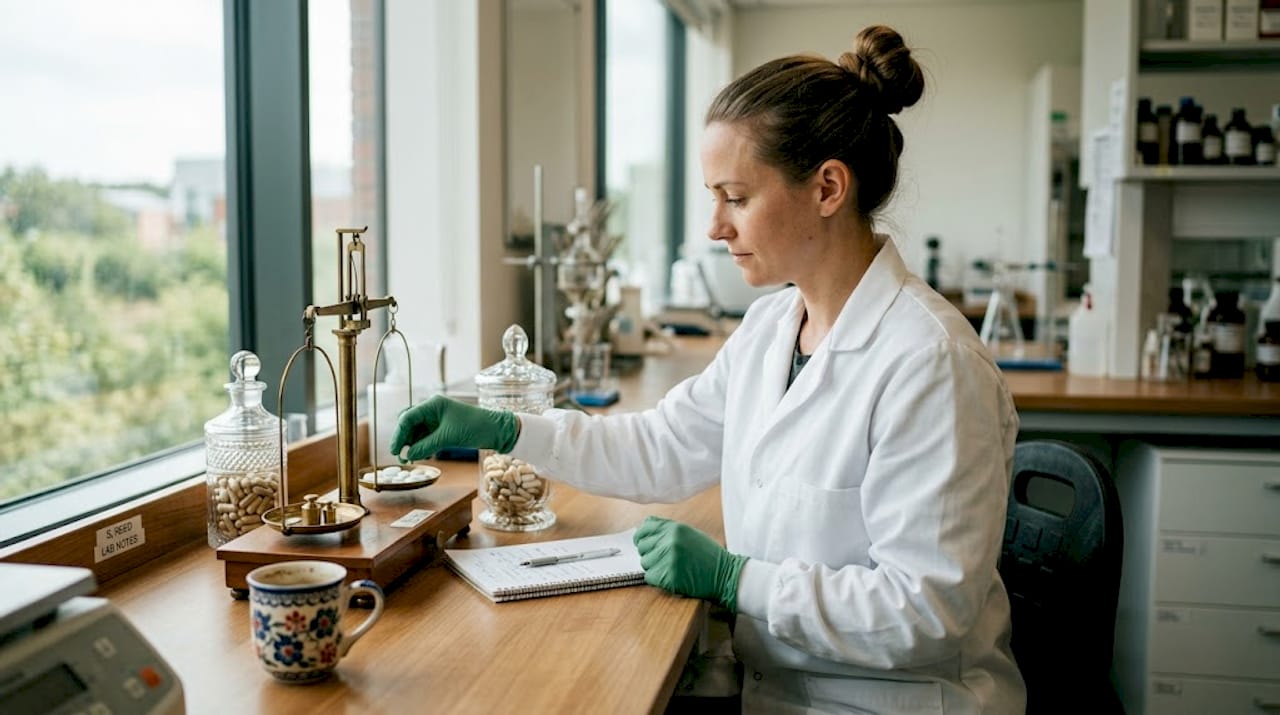 Lab technician weighing supplement tablets at bench