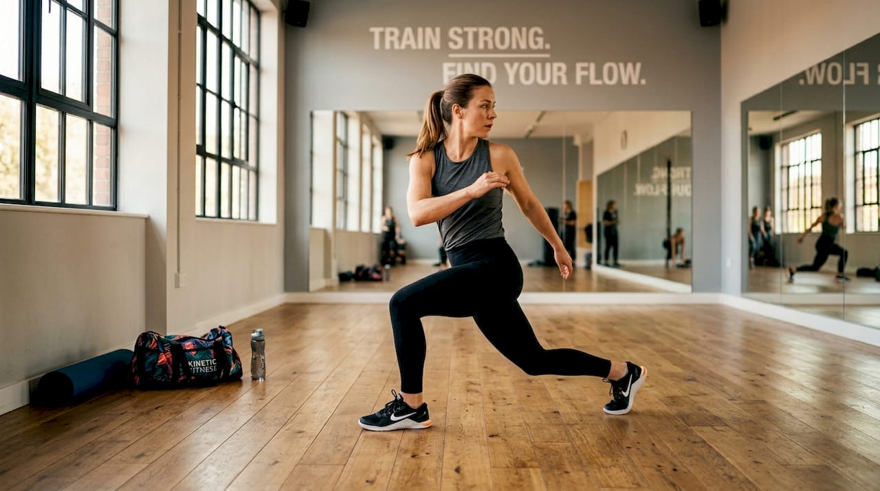 Woman does walking lunges in gym hallway
