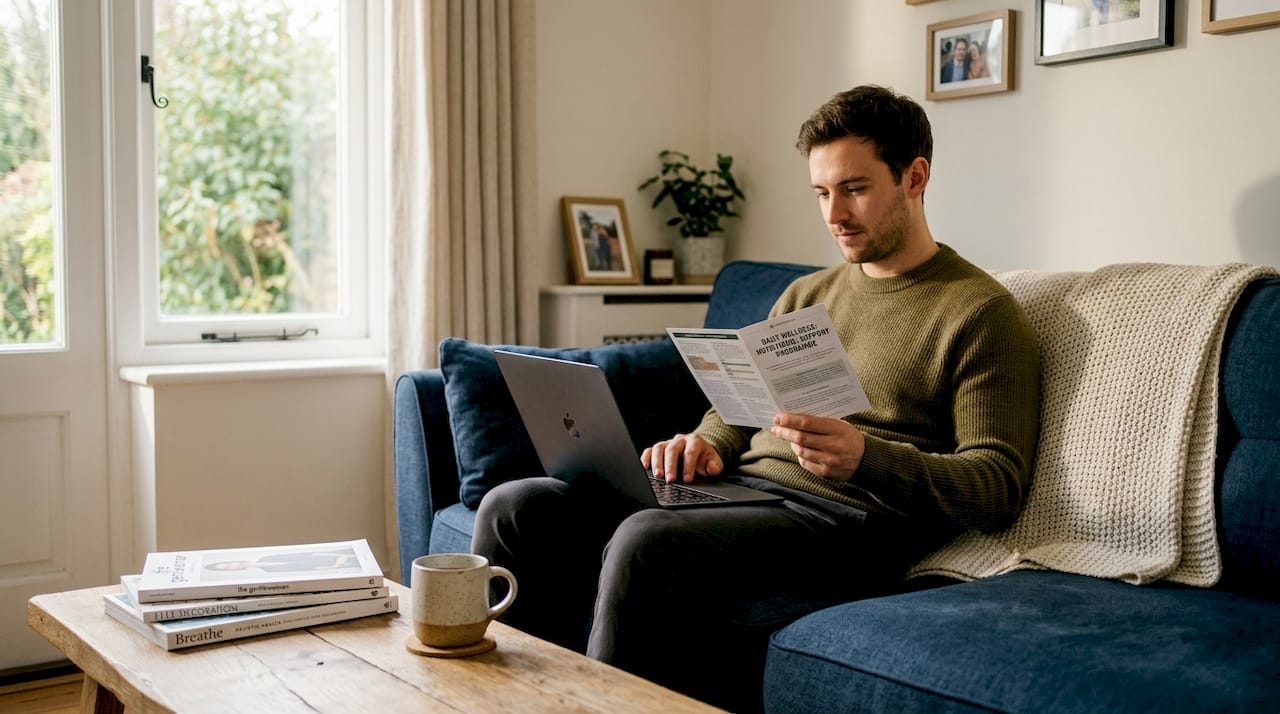 Man researching supplements in casual living room