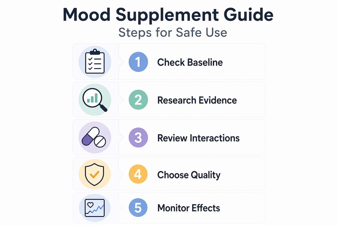 Infographic showing steps for mood supplement safety