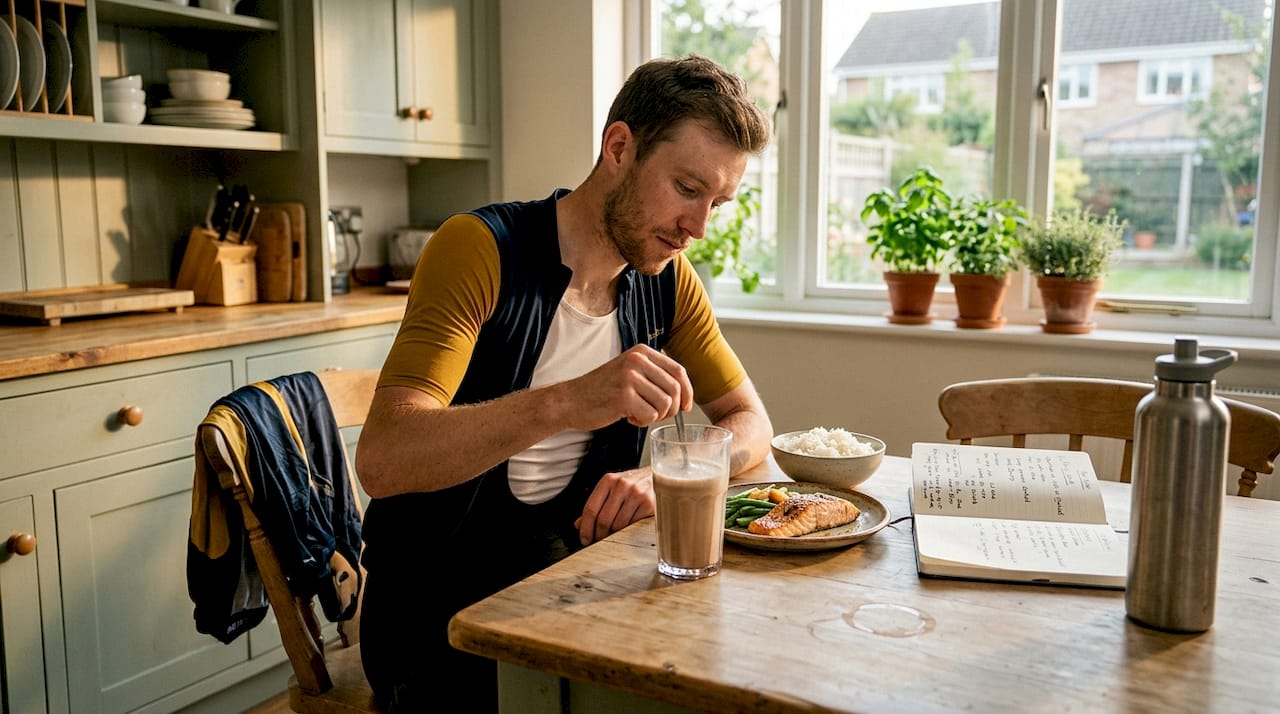 Cyclist recovering with post-workout meal
