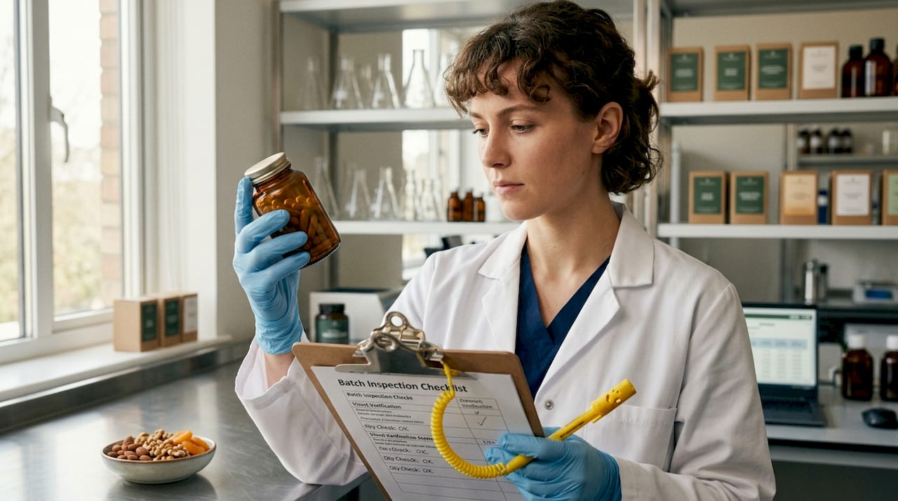 Lab tech performing supplement quality inspection