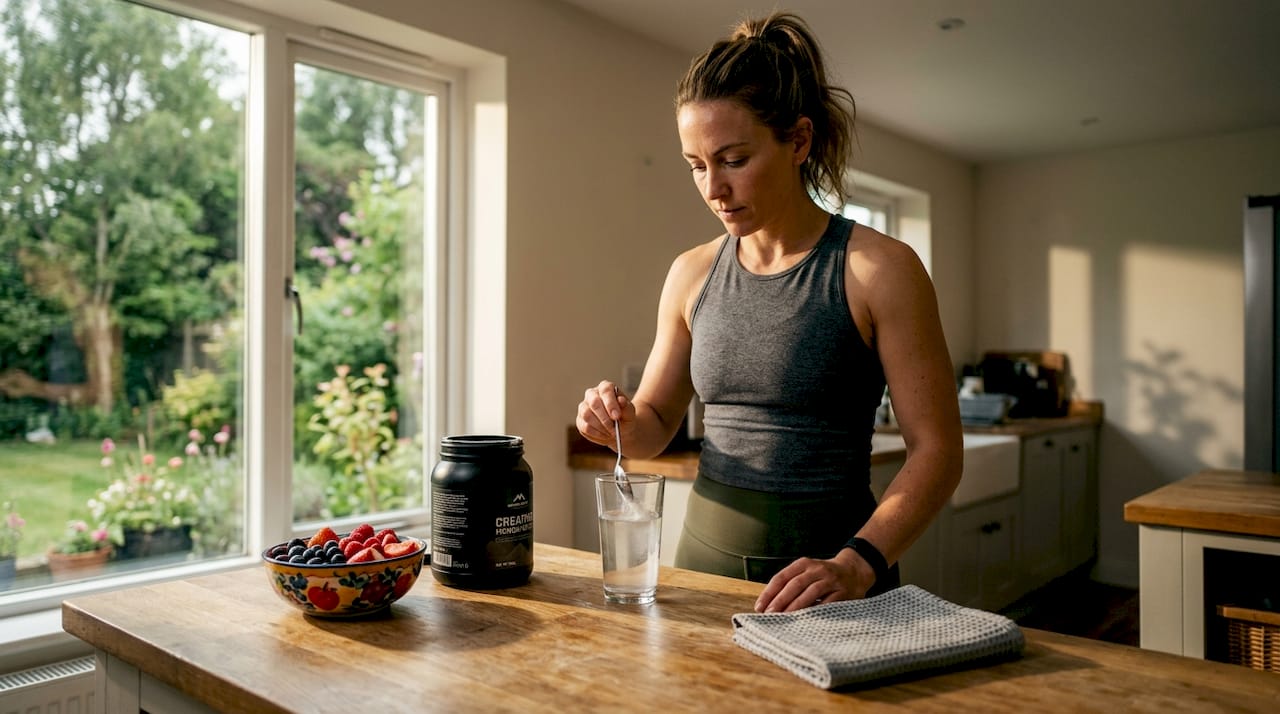 Athlete mixing creatine drink in kitchen