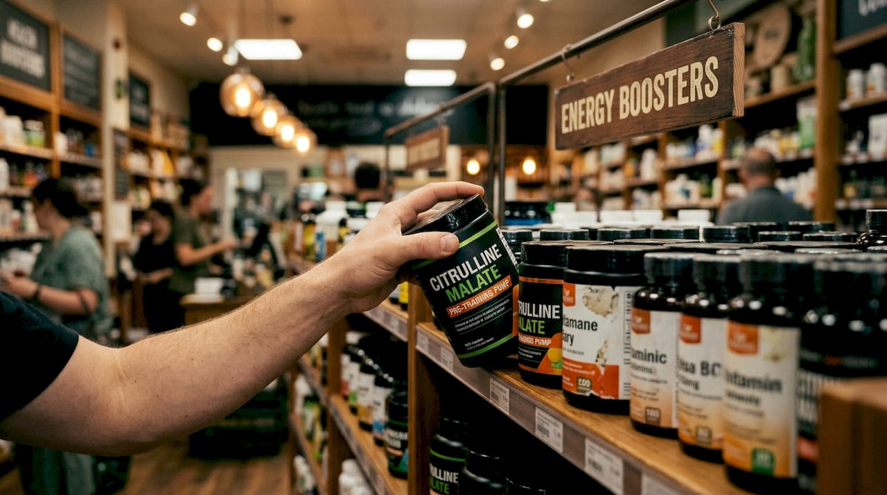Hand choosing pre-workout supplement bottle