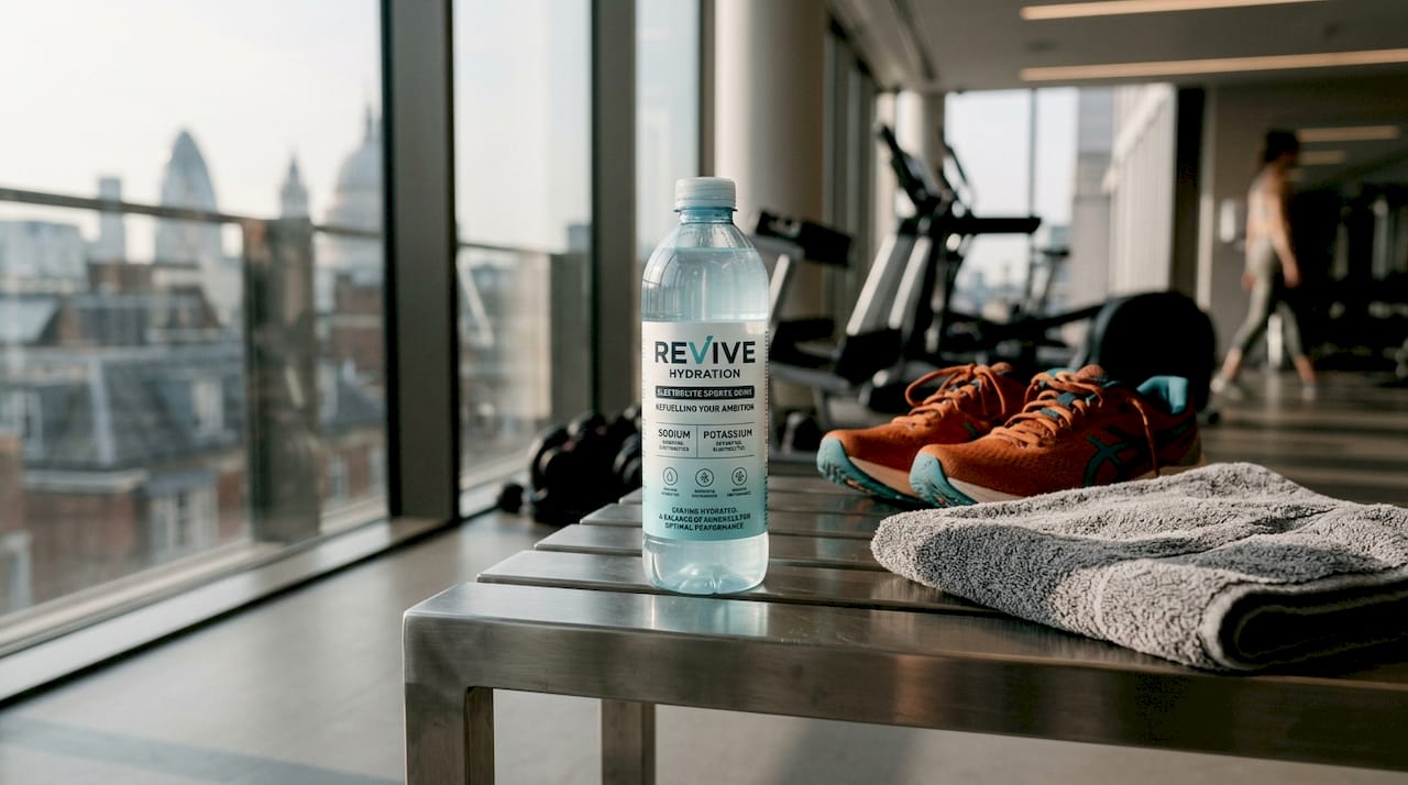 Close-up of electrolyte sports drink bottle near gym equipment