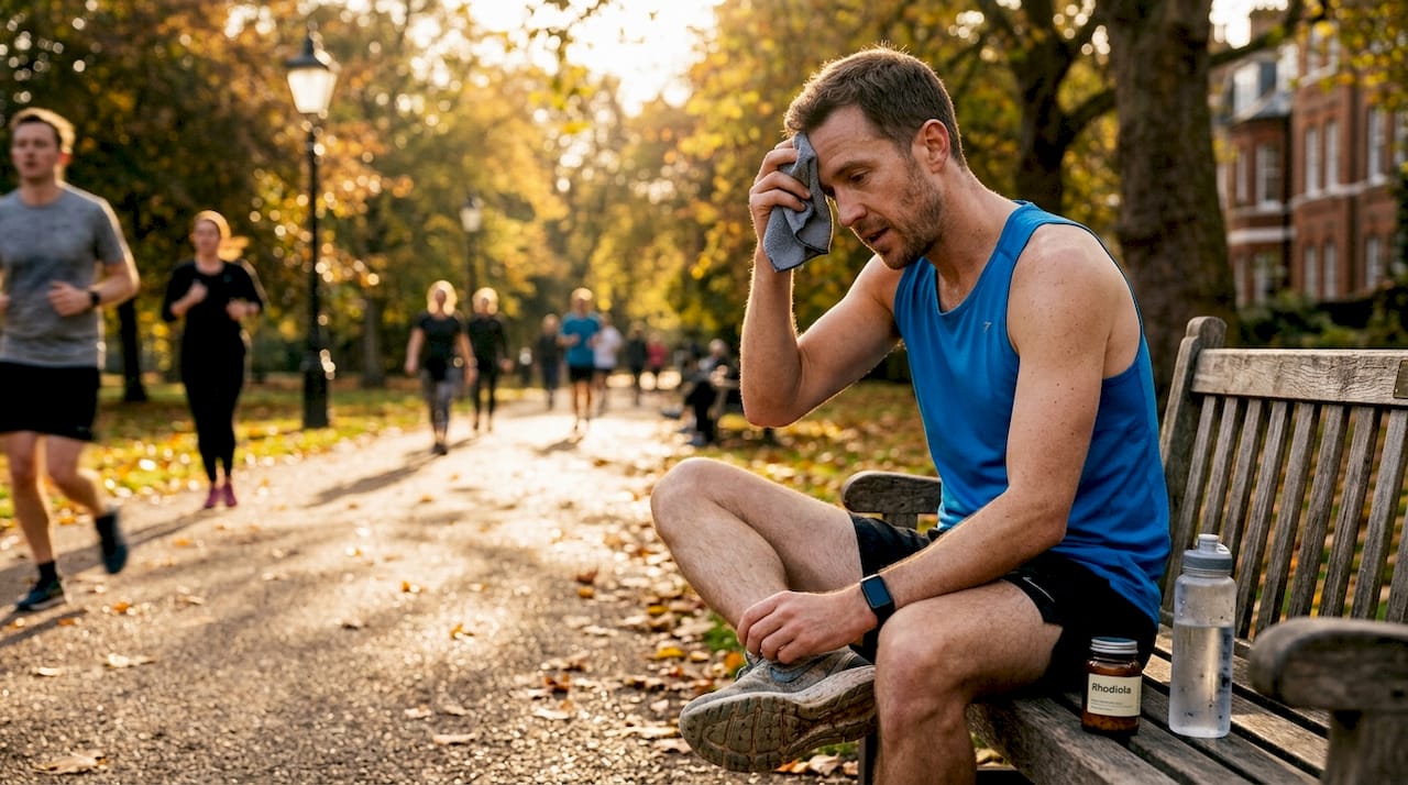 Runner resting with ashwagandha supplement nearby