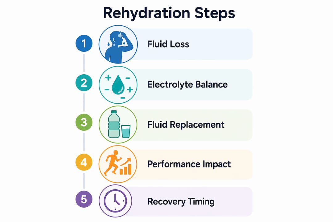 Infographic illustrating key steps in athletic rehydration