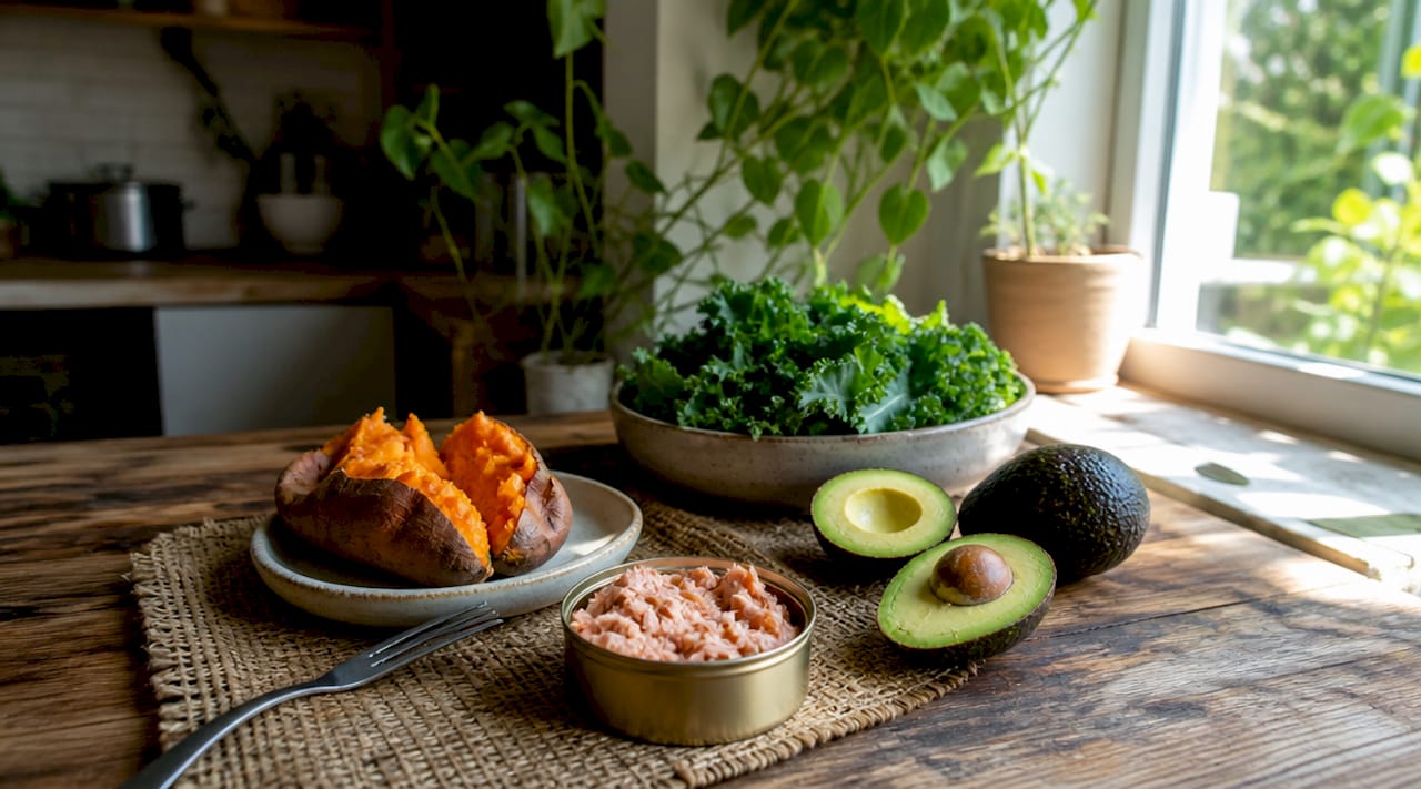 Whole foods rich in electrolytes on wooden table