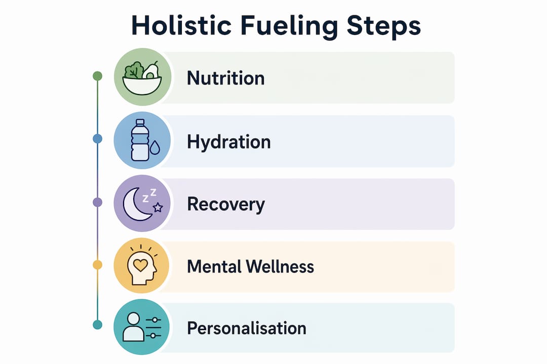 Infographic illustrating steps of holistic athletic fueling