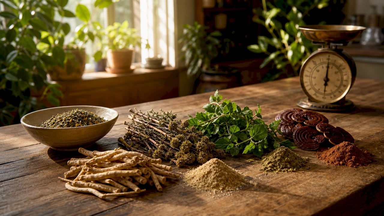Close-up of various adaptogen herbs and powders