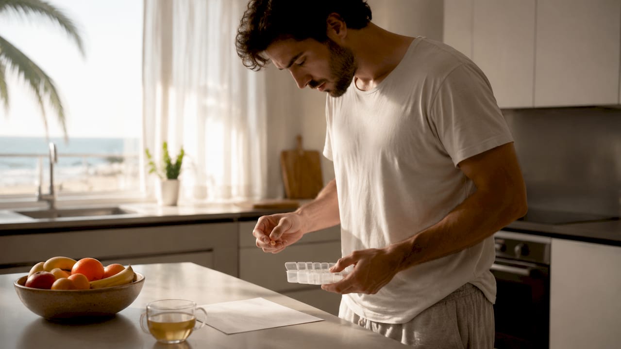 Man organizing supplements with checklist at home desk
