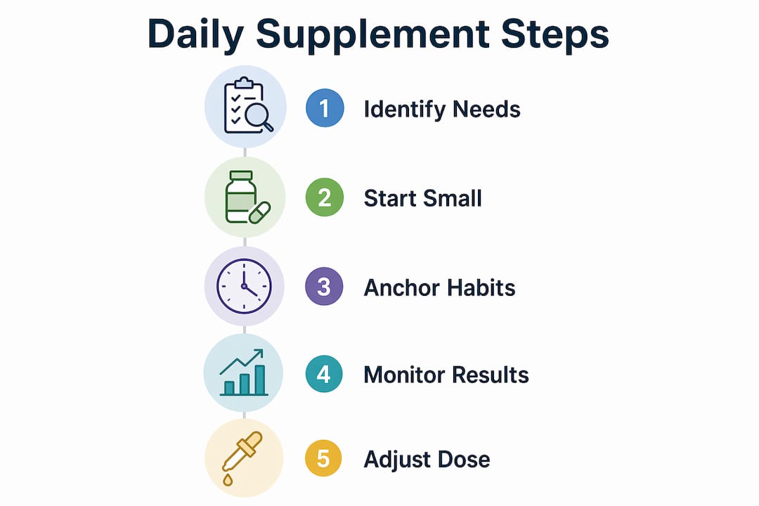 Infographic illustrating key steps to start supplement routine
