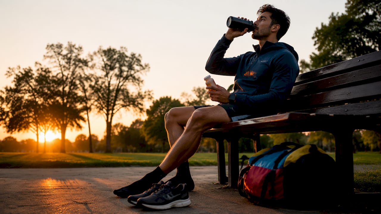 Athlete resting and holding vitamin C bottle outdoors