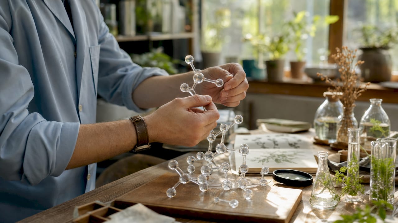 Scientist examining amino acid molecular model